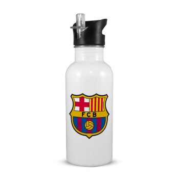 Barcelona FC, White water bottle with straw, stainless steel 600ml