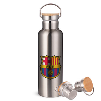 Barcelona FC, Μεταλλικό παγούρι θερμός (Stainless steel) Ασημένιο με ξύλινο καπακι (bamboo), διπλού τοιχώματος, 750ml