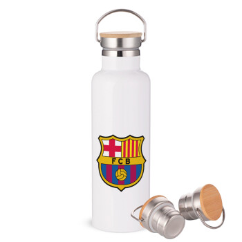 Barcelona FC, Μεταλλικό παγούρι θερμός (Stainless steel) Λευκό με ξύλινο καπακι (bamboo), διπλού τοιχώματος, 750ml