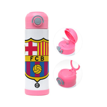 Barcelona FC, Children's hot water bottle, stainless steel, with safety straw, PINK (500ml)