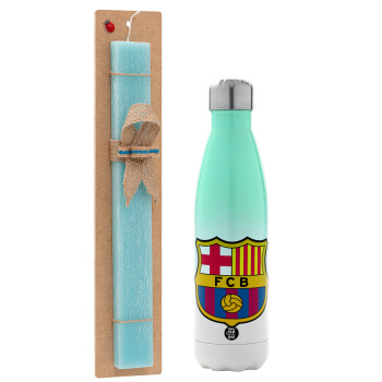 Barcelona FC, Easter Set, Metallic green/white thermos (Stainless steel), double-walled, 500ml & scented flat Easter candle (30cm) (TURQUOISE)