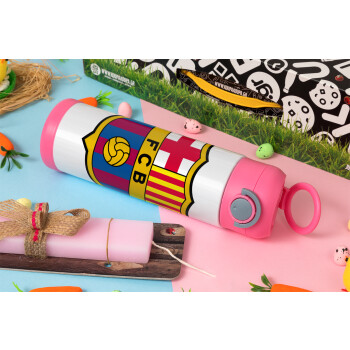 Barcelona FC, Easter candle, Childrens hot water bottle, stainless steel, with safety straw, PINK (500ml)