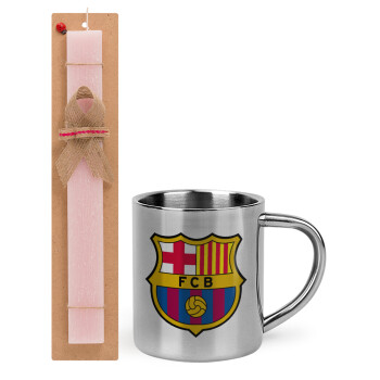 Barcelona FC, Easter Set, metallic thermal cup (300ml) & aromatic flat Easter candle (30cm) (PINK)