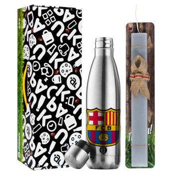 Barcelona FC, Easter Set, metallic stainless thermos flask (500ml) & scented flat Easter candle (30cm) (GRAY)