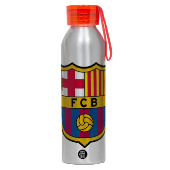 Barcelona FC, Αλουμινένιο Αθλητικό Μπουκάλι 650ml – Ασημί με Κόκκινο Καπάκι και Λουράκι Σιλικόνης