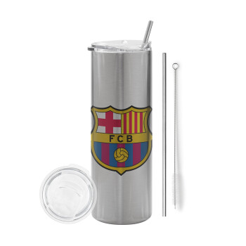 Barcelona FC, Eco friendly ποτήρι θερμό Ασημένιο (tumbler) από ανοξείδωτο ατσάλι 600ml, με μεταλλικό καλαμάκι & βούρτσα καθαρισμού