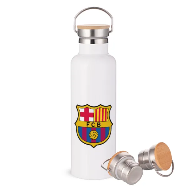 Barcelona FC — Stainless steel White with wooden lid (bamboo), double wall, 750ml