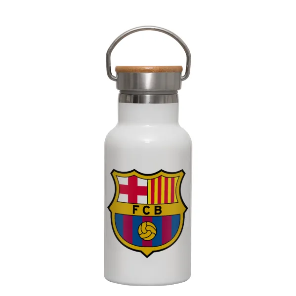 Barcelona FC — Metallic thermos (Stainless steel) White with wooden lid (bamboo), double-walled, 350ml