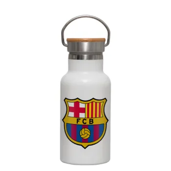 Barcelona FC, Μεταλλικό παγούρι θερμός (Stainless steel) Λευκό με ξύλινο καπακι (bamboo), διπλού τοιχώματος, 350ml