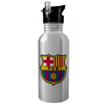 Barcelona FC, Water bottle Silver with straw, stainless steel 600ml