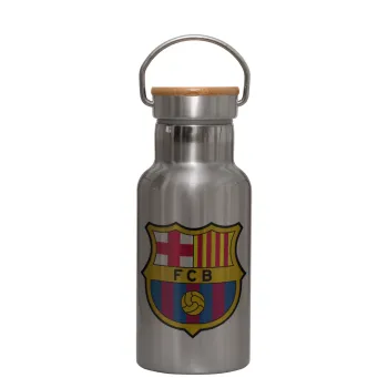 Barcelona FC, Stainless steel metallic thermos flask, silver with a bamboo lid, double-walled, 350ml.