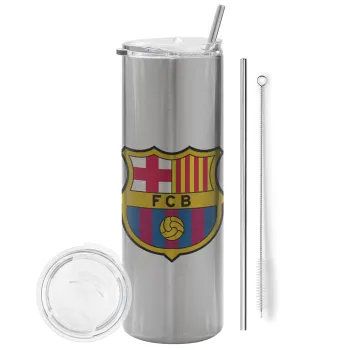 Barcelona FC, Tumbler stainless steel Silver 600ml, with metal straw & cleaning brush