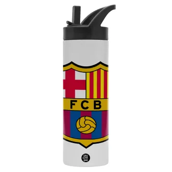 Barcelona FC, Metallic thermos bottle with straw & handle, stainless steel (Stainless steel 304), double-walled, 600ml.