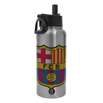 Barcelona FC, Μεταλλικό παγούρι θερμός Silver με καλαμάκι και χερούλι (Stainless steel), διπλού τοιχώματος, 950ml