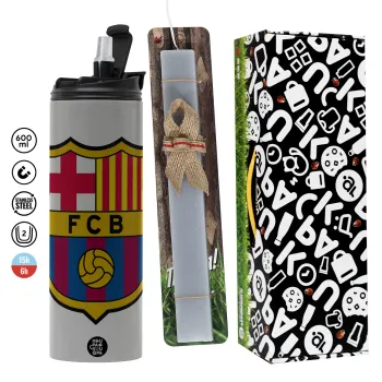 Barcelona FC, Easter candle with Grey Tumbler Thermo 600ml & aromatic flat candle (30cm) (GREY)
