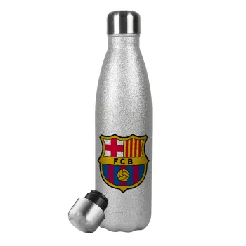 Barcelona FC, Metallic Glitter Silver Thermos Flask (Stainless steel), double-walled, 500ml