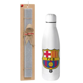 Barcelona FC, Easter Set, metallic stainless thermos bottle (500ml) & scented flat Easter candle (30cm) (GRAY)