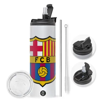 Barcelona FC, Travel Tumbler 2 Lids, with metal straw & cleaning brush (Stainless steel 304 Food grade, BPA free, 600ml)