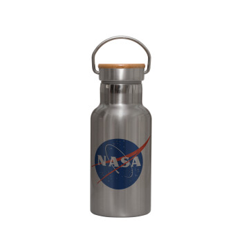 Nasa, Stainless steel metallic thermos flask, silver with a bamboo lid, double-walled, 350ml.
