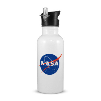Nasa, White water bottle with straw, stainless steel 600ml