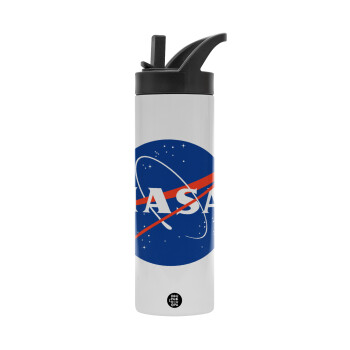 Nasa, Metallic thermos bottle with straw & handle, stainless steel (Stainless steel 304), double-walled, 600ml.