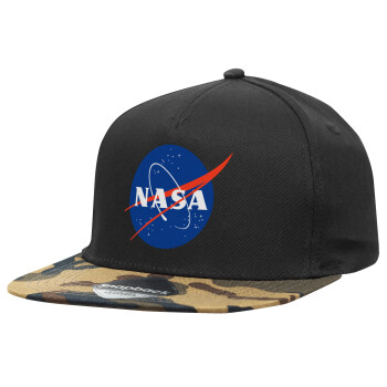 Nasa, Adult Flat Snapback Hat Black/Camouflage, (100% COTTON TWILL, ADULT, UNISEX, ONE SIZE)