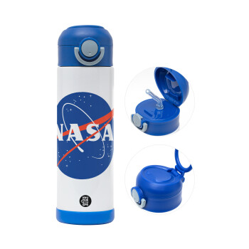 Nasa, Children's hot water bottle, stainless steel, with safety straw, BLUE (500ml)