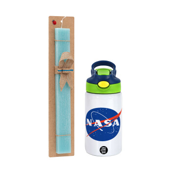 Nasa, Easter Set, Children's thermal stainless steel bottle with safety straw, green/blue (350ml) & aromatic flat Easter candle (30cm) (TURQUOISE)