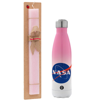 Nasa, Easter Set, Metallic pink/white (Stainless steel) thermos, double-walled, 500ml & aromatic flat Easter candle (30cm) (PINK)