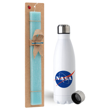 Nasa, Easter Set, metallic stainless steel water bottle (750ml) & aromatic flat Easter candle (30cm) (TURQUOISE)