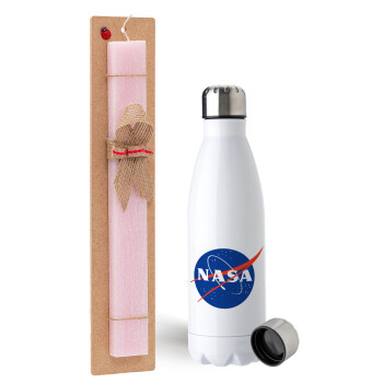 Nasa, Easter Set, metallic stainless steel water bottle (750ml) & scented flat Easter candle (30cm) (PINK)