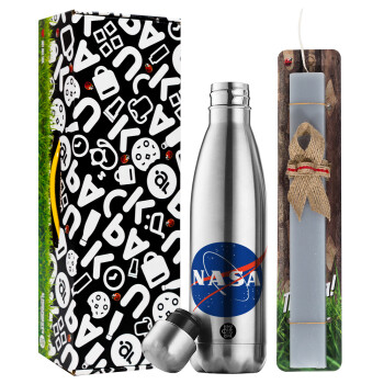 Nasa, Easter Set, metallic stainless thermos flask (500ml) & scented flat Easter candle (30cm) (GRAY)