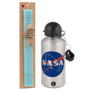 Nasa, Easter Set, metallic silver aluminum water bottle (500ml) & scented flat Easter candle (30cm) (TURQUOISE)