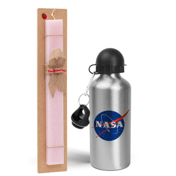 Nasa, Easter Set, metallic Silver aluminum water bottle (500ml) & scented flat Easter candle (30cm) (PINK)
