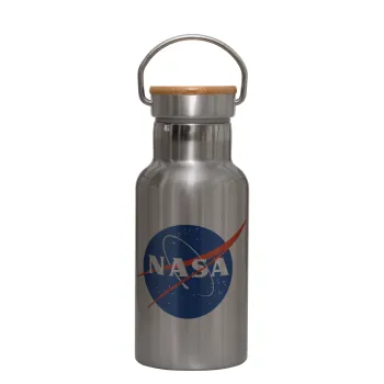 Nasa, Μεταλλικό παγούρι θερμός (Stainless steel) Ασημένιο με ξύλινο καπακι (bamboo), διπλού τοιχώματος, 350ml