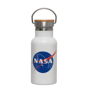 Nasa, Μεταλλικό παγούρι θερμός (Stainless steel) Λευκό με ξύλινο καπακι (bamboo), διπλού τοιχώματος, 350ml