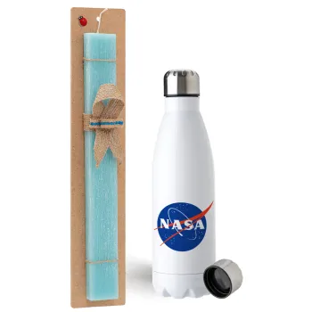 Nasa, Easter Set, metallic stainless steel water bottle (750ml) & aromatic flat Easter candle (30cm) (TURQUOISE)