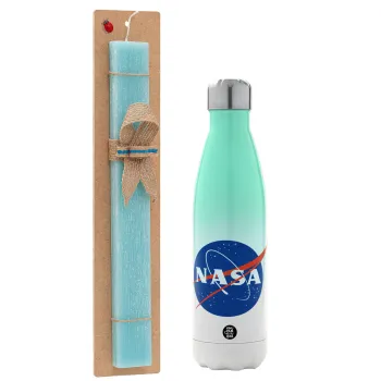 Nasa, Easter Set, Metallic green/white thermos (Stainless steel), double-walled, 500ml & scented flat Easter candle (30cm) (TURQUOISE)