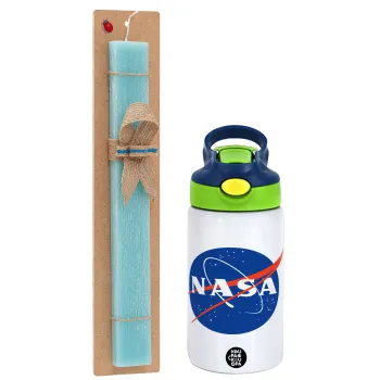 Nasa, Easter Set, Children's thermal stainless steel bottle with safety straw, green/blue (350ml) & aromatic flat Easter candle (30cm) (TURQUOISE)