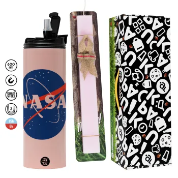 Nasa, Πασχαλινή Λαμπάδα με  ΡΟΖ Travel Tumbler θερμό (600ml, BPA free) & κερί αρωματικό πλακέ (30cm) (ΡΟΖ)