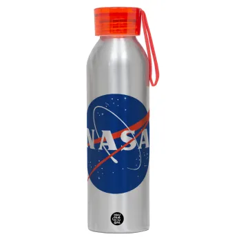 Nasa, Αλουμινένιο Αθλητικό Μπουκάλι 650ml – Ασημί με Κόκκινο Καπάκι και Λουράκι Σιλικόνης
