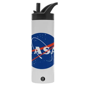 Nasa, Μεταλλικό παγούρι θερμός με καλαμάκι & χειρολαβή, ανοξείδωτο ατσάλι (Stainless steel 304), διπλού τοιχώματος, 600ml