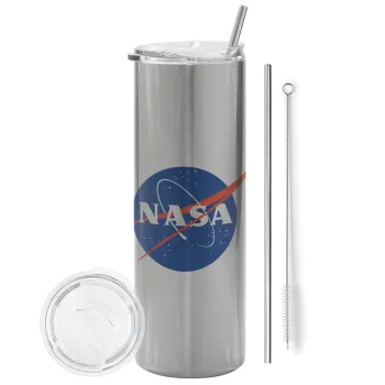 Nasa, Tumbler ποτήρι θερμό Ασημένιο από ανοξείδωτο ατσάλι 600ml, με μεταλλικό καλαμάκι & βούρτσα καθαρισμού