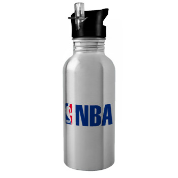 NBA, Water bottle Silver with straw, stainless steel 600ml