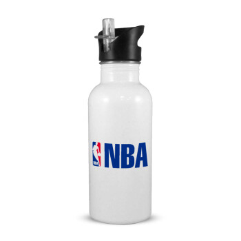 NBA, White water bottle with straw, stainless steel 600ml