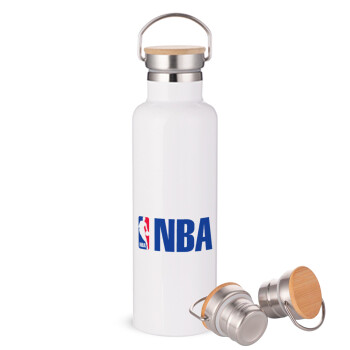 NBA, Μεταλλικό παγούρι θερμός (Stainless steel) Λευκό με ξύλινο καπάκι (bamboo), διπλού τοιχώματος, 750ml
