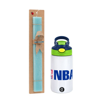 NBA, Easter Set, Children's thermal stainless steel bottle with safety straw, green/blue (350ml) & aromatic flat Easter candle (30cm) (TURQUOISE)