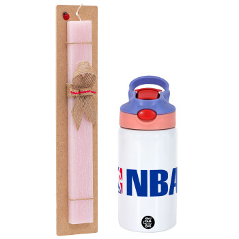 NBA, Πασχαλινό Σετ, Παιδικό παγούρι θερμό, ανοξείδωτο, με καλαμάκι ασφαλείας, ροζ/μωβ (350ml) & πασχαλινή λαμπάδα αρωματική πλακέ (30cm) (ΡΟΖ)