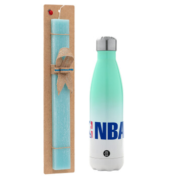 NBA, Easter Set, Metallic green/white thermos (Stainless steel), double-walled, 500ml & scented flat Easter candle (30cm) (TURQUOISE)