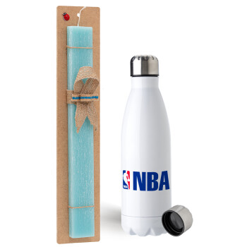 NBA, Easter Set, metallic stainless steel water bottle (750ml) & aromatic flat Easter candle (30cm) (TURQUOISE)